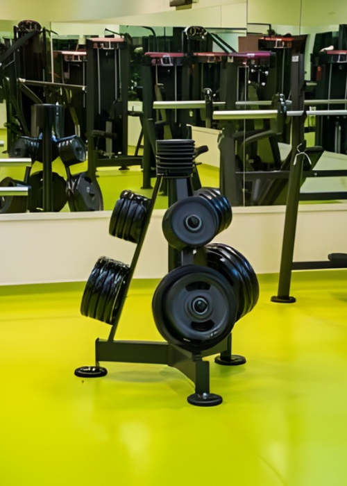 Una rastrelliera con più piastre nere per i pesi si trova su un pavimento verde brillante in una palestra, con macchine per gli esercizi e grandi specchi visibili sullo sfondo.