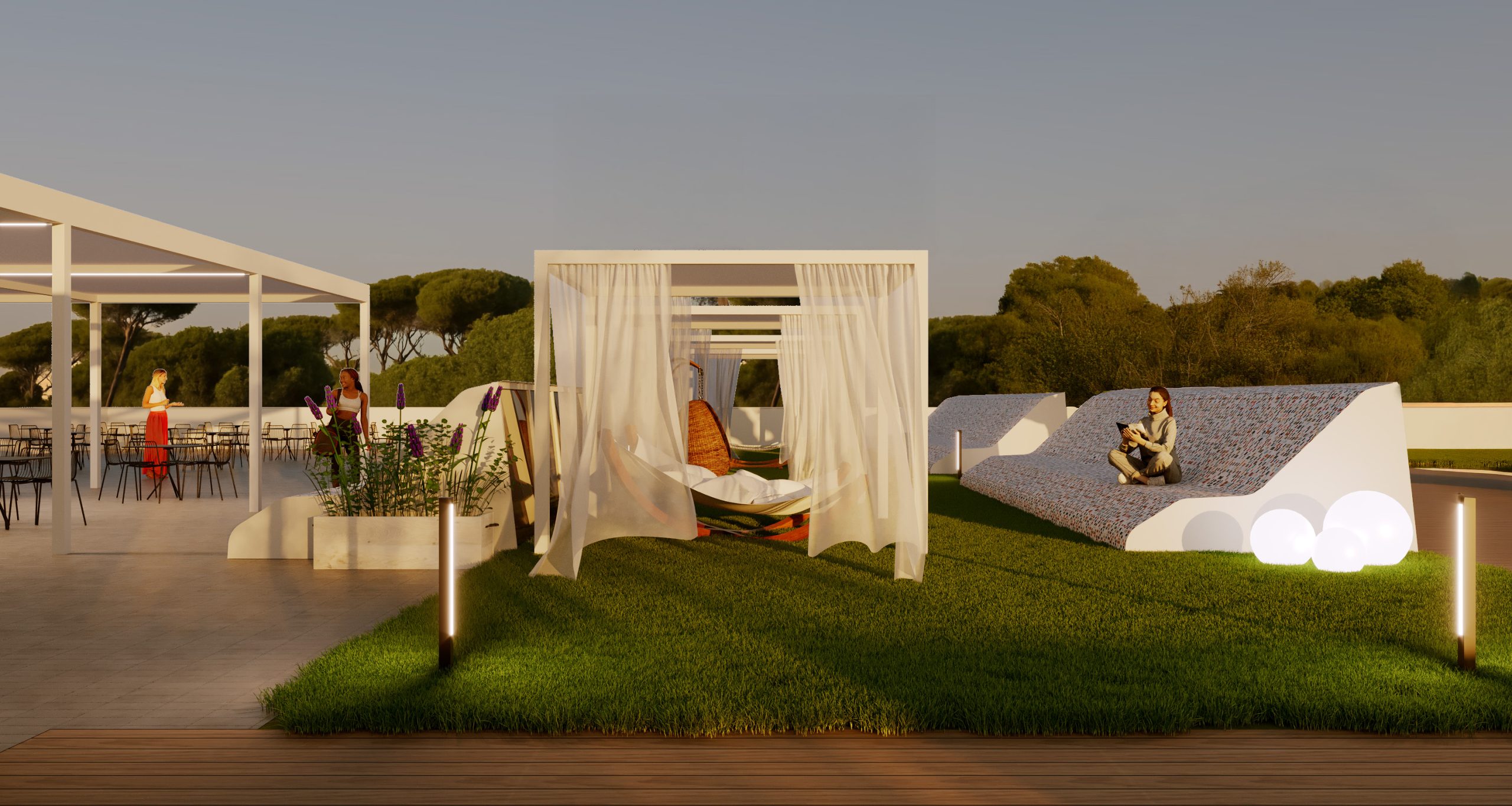 Una terrazza sul tetto con erba verde, moderni lettini con tettoie bianche, una persona seduta su un lettino curvo e tavoli da pranzo all'aperto sullo sfondo al tramonto.